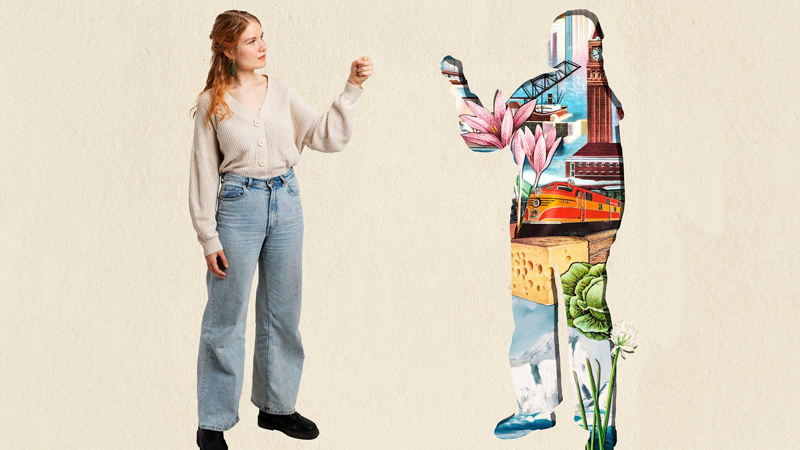 Nuoren naisen kuva sekä hän muotoisensa piirroskuvakollaasi, jossa muun muassa juna, kukkia ja kirkontorni