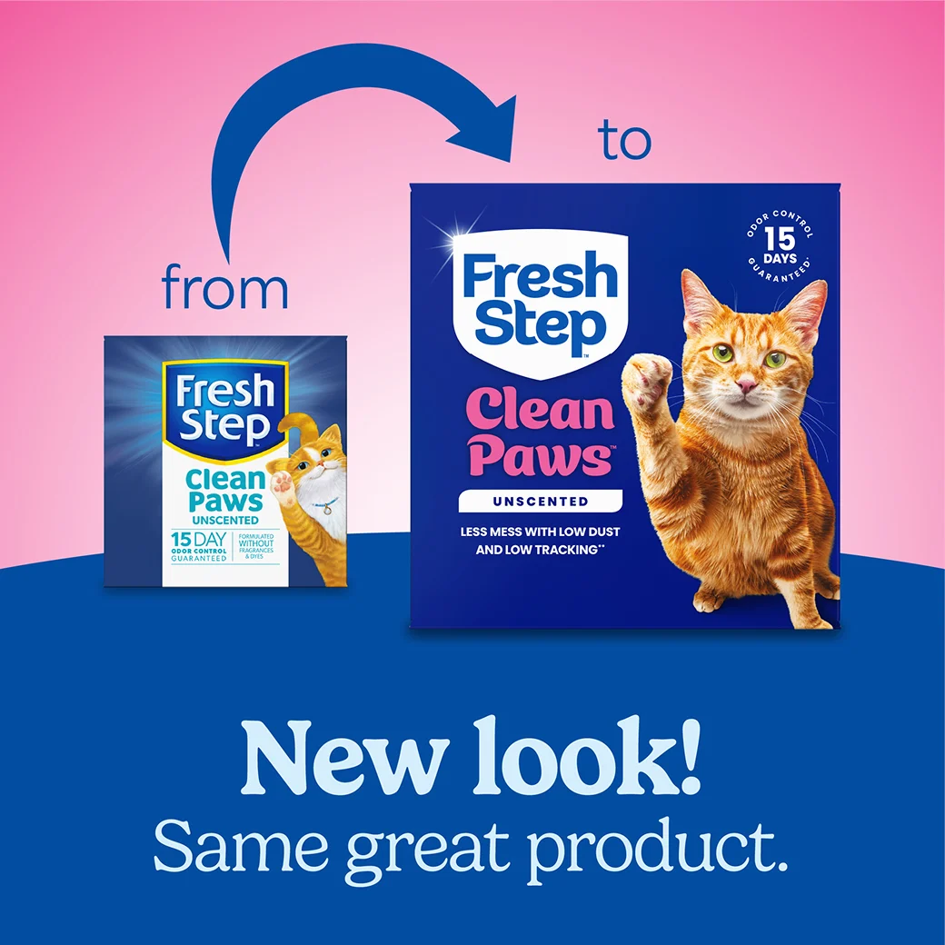 A box of Fresh Step Clean Paws Unscented with an arrow pointing to the new packaging