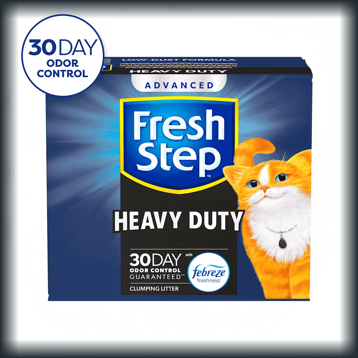 A box of Fresh Step Heavy Duty cat litter with a 30 day odor control badge in the corner
