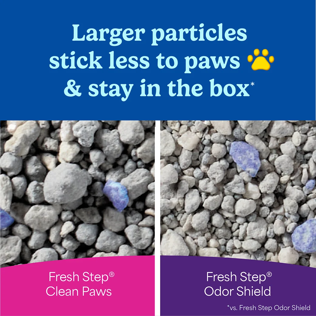 Side by side comparison of Clean Paws litter vs Odor Shield litter showing the difference in size of particles