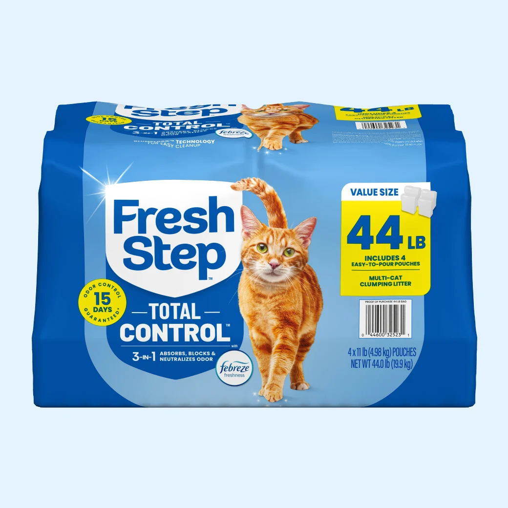 A package of Fresh Step Total Control on a light blue background