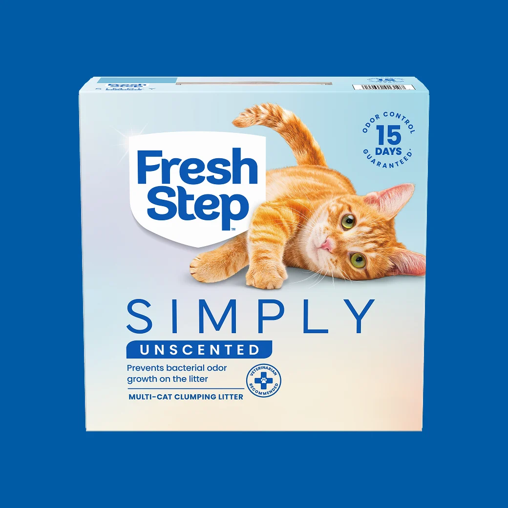 A carton of Fresh Step Simply Unscented on a blue background
