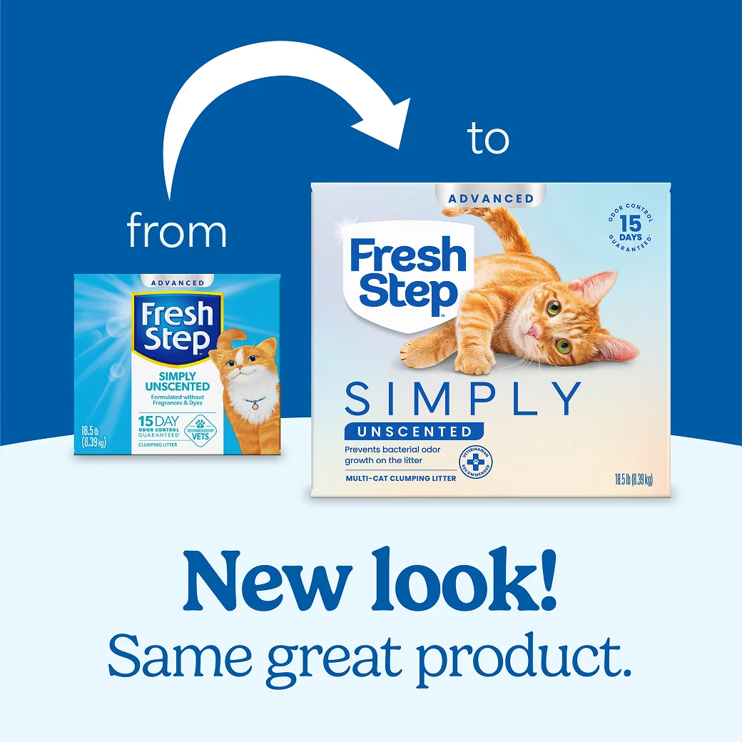 A box of Fresh Step Simply Advanced cat litter and a new carton of the same litter showing how the litter packaging has changed