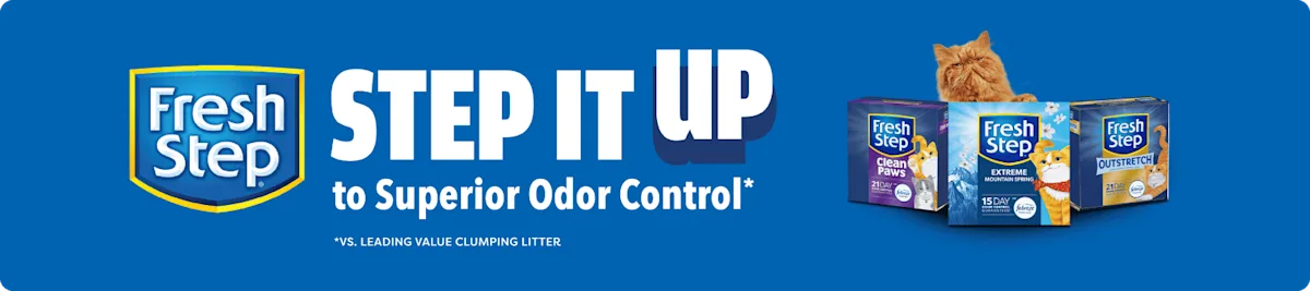 Step It Up to Superior Odor Control, a grumpy cat with 3 boxes of Fresh Step cat litter