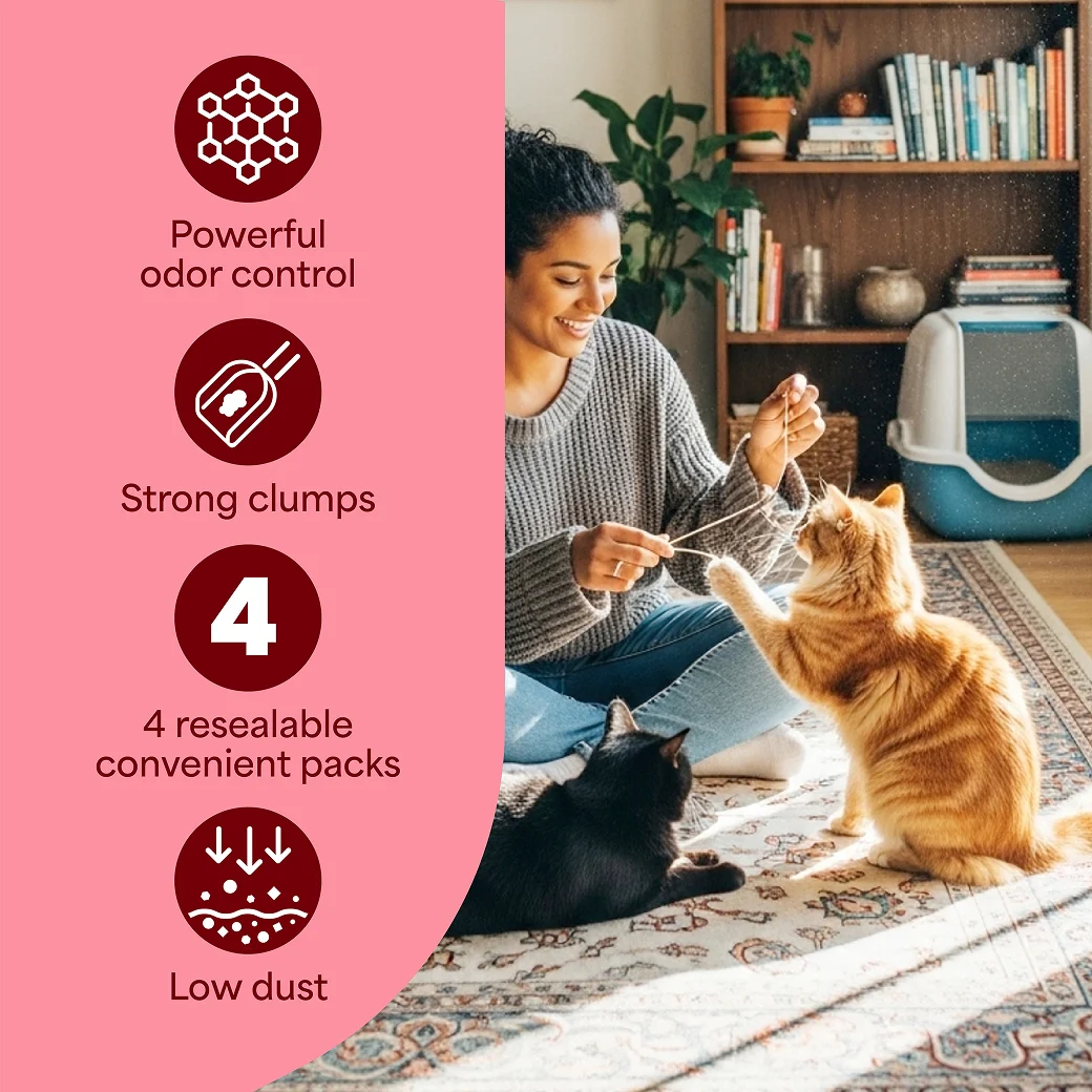 A woman playing with her cat. A pink panel on the right side with claims: powerful odor control, strong clumps, 4 resealable packs, low dust