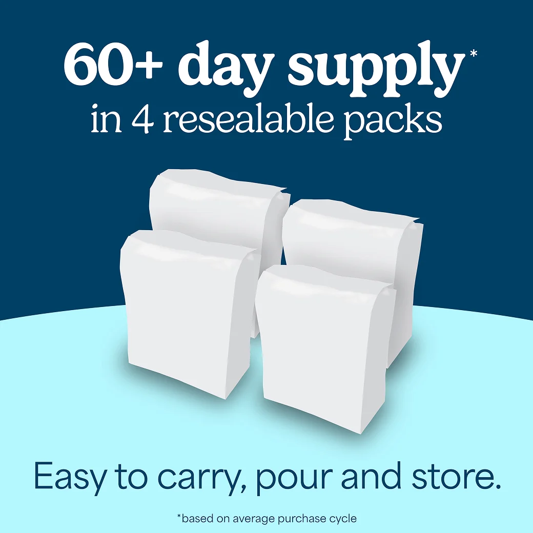 4 white bags of litter with the words "60+ day supply in 4 resealable packs"