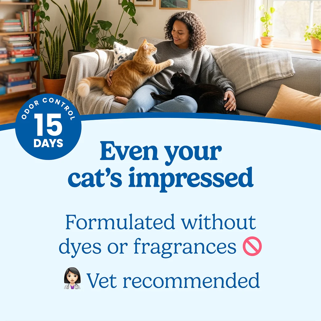 A woman playing with her cat in a a living room. The words "Even your cat's impressed" regarding the fragrance free formula.