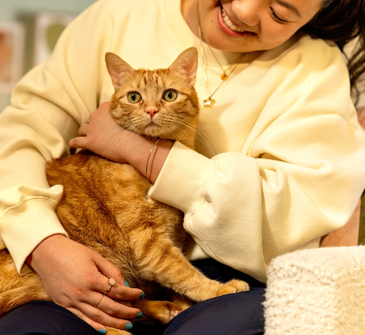 A woman cuddling an orange cat on her lap