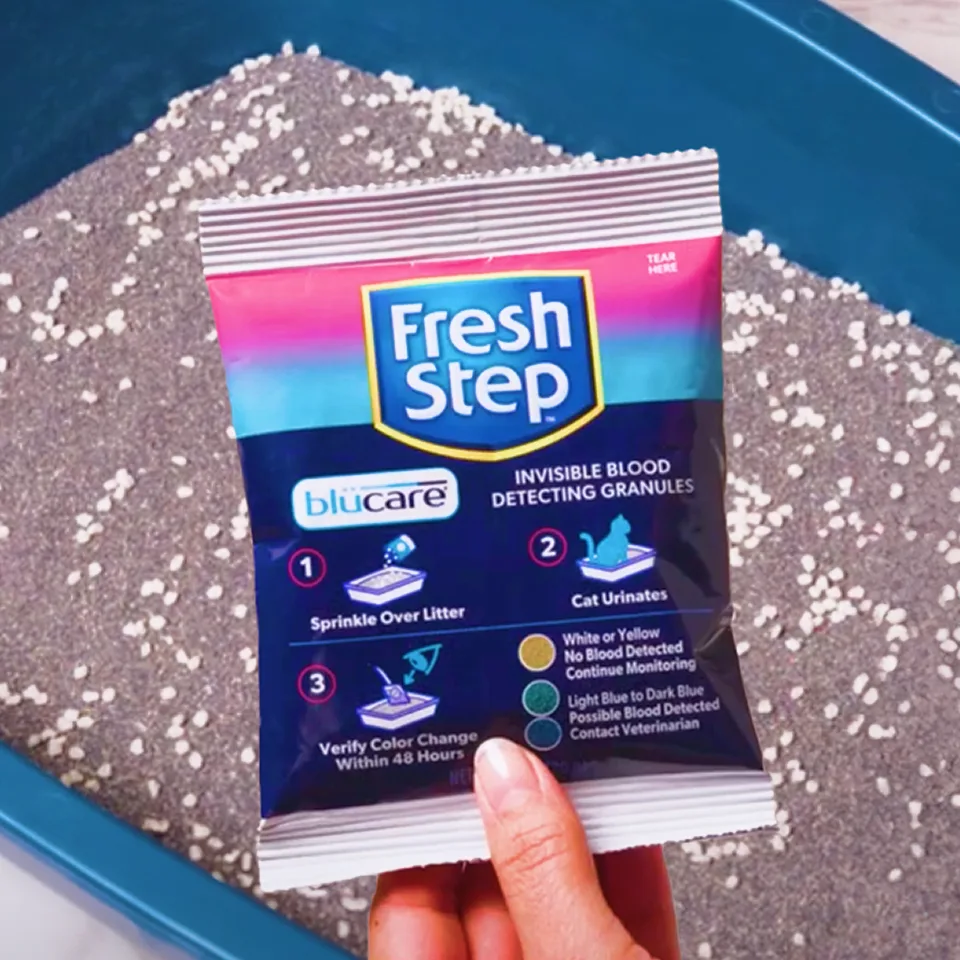 health monitoring packet with litter box in the background