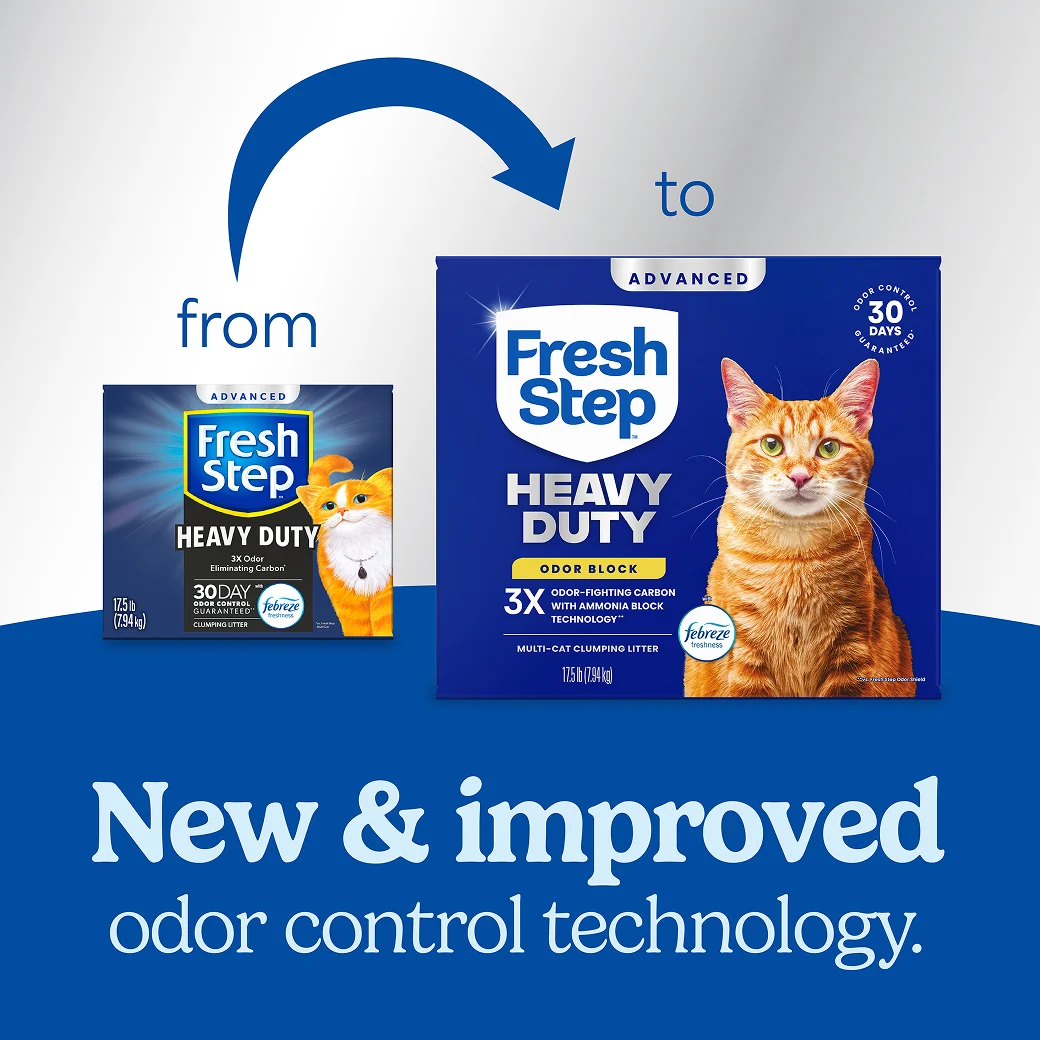 A box of Fresh Step Heavy Duty Advanced cat litter and a new box of the same litter showing how the litter packaging has changed