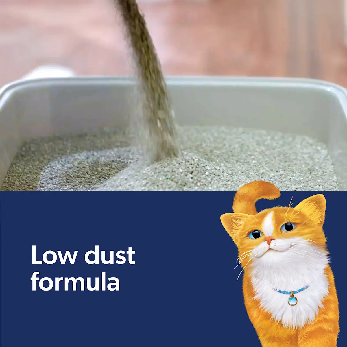 Low dust formula, litter pouring into a litter box and an orange cat