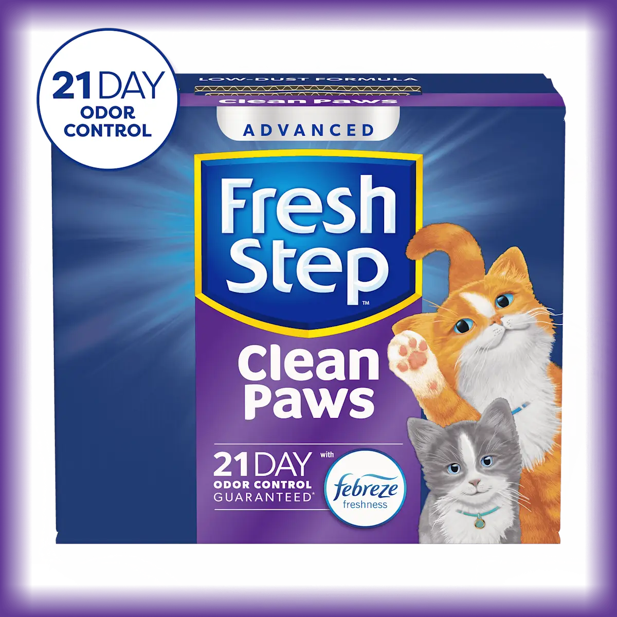 A box of Fresh Step Clean Paws cat litter for multiple cats, 21 day odor control badge in corner