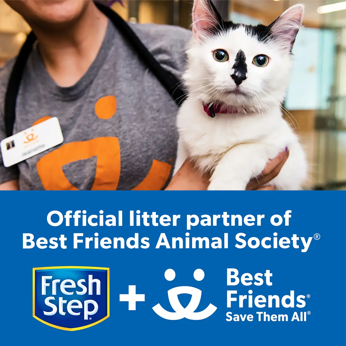 Official litter partner of Best Friends Anumal Society, picture of a cat being held by a person