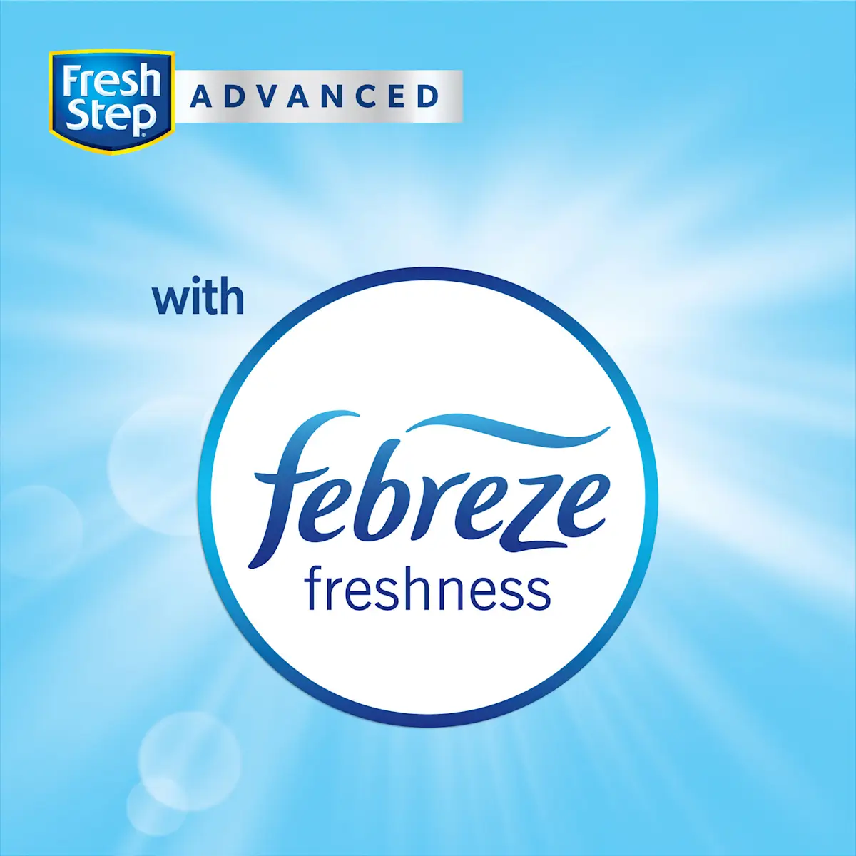 Circle with the words with Febreze freshness, blue background with white burst