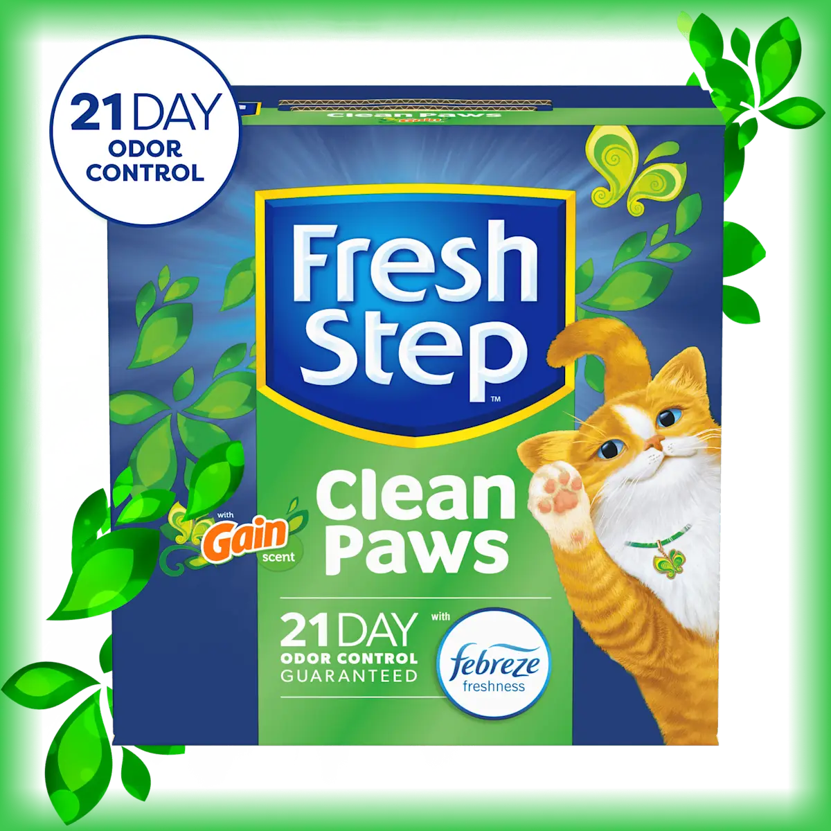 A box of Fresh Step Clean Paws Gain cat litter with a 21 day odor control badge in the corner