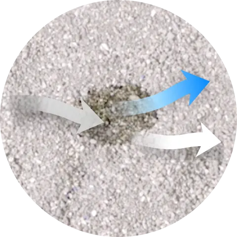 Gray, blue and white arrows emanating from a litter box indicating Ammonia Block Technology