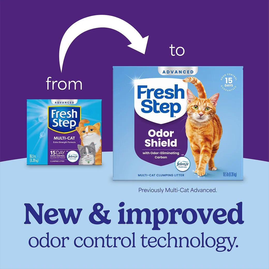 A box of Fresh Step Advanced Odor Shield cat litter and a new box of the same litter showing how the litter packaging has changed
