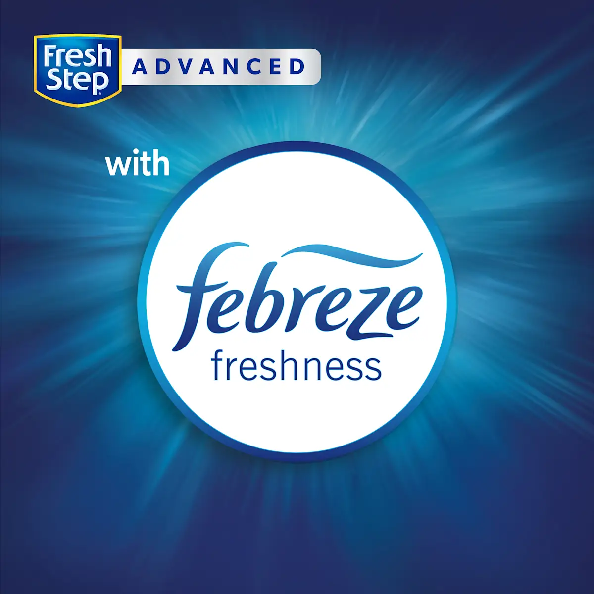 Circle with the words with Febreze freshness, blue background with white burst