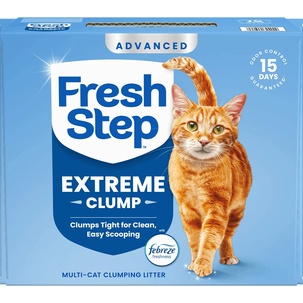 A box of Fresh Step cat litter with Extreme Mountain Spring scent