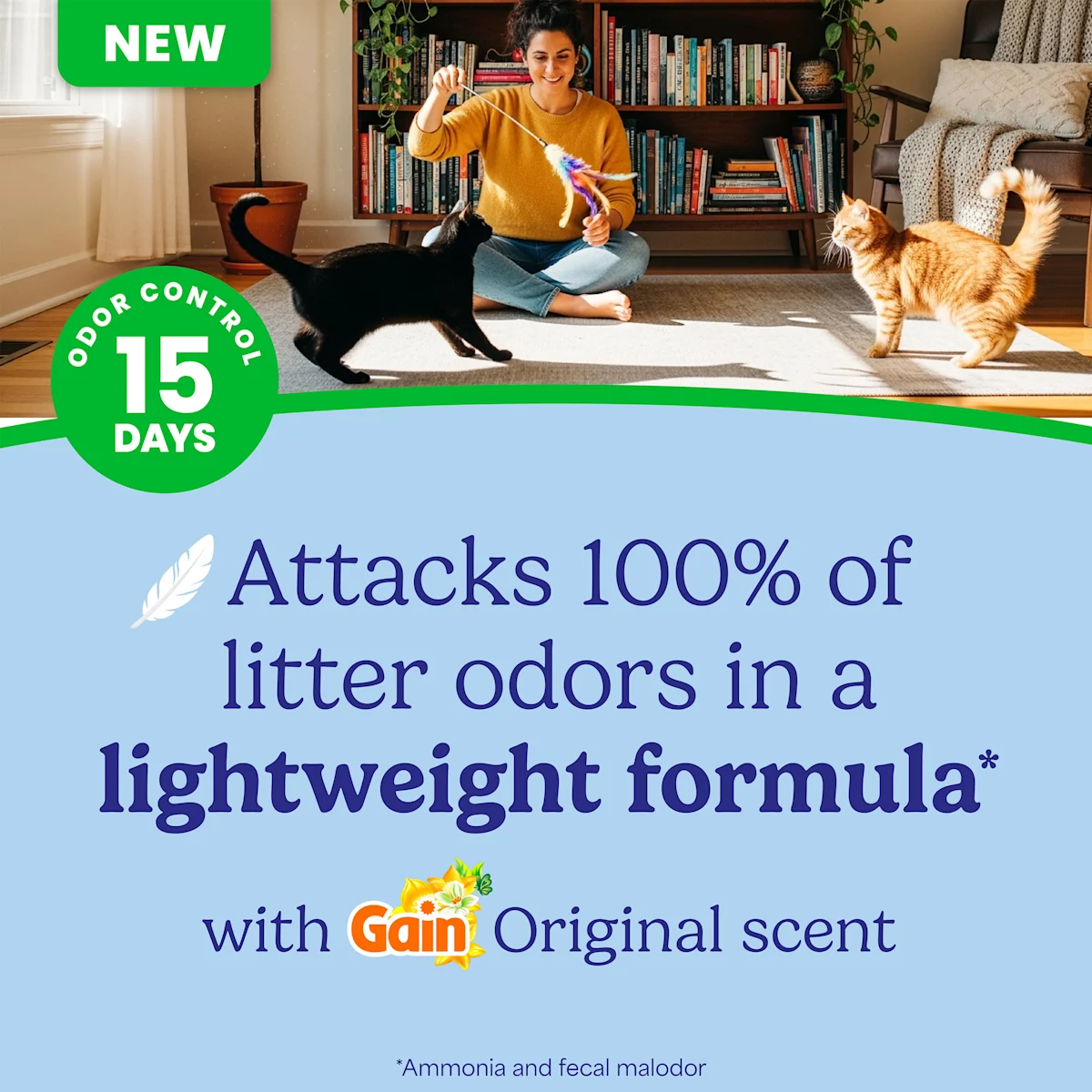 Person plays with two cats; Fresh Step Gain lightweight formula attacks litter odors