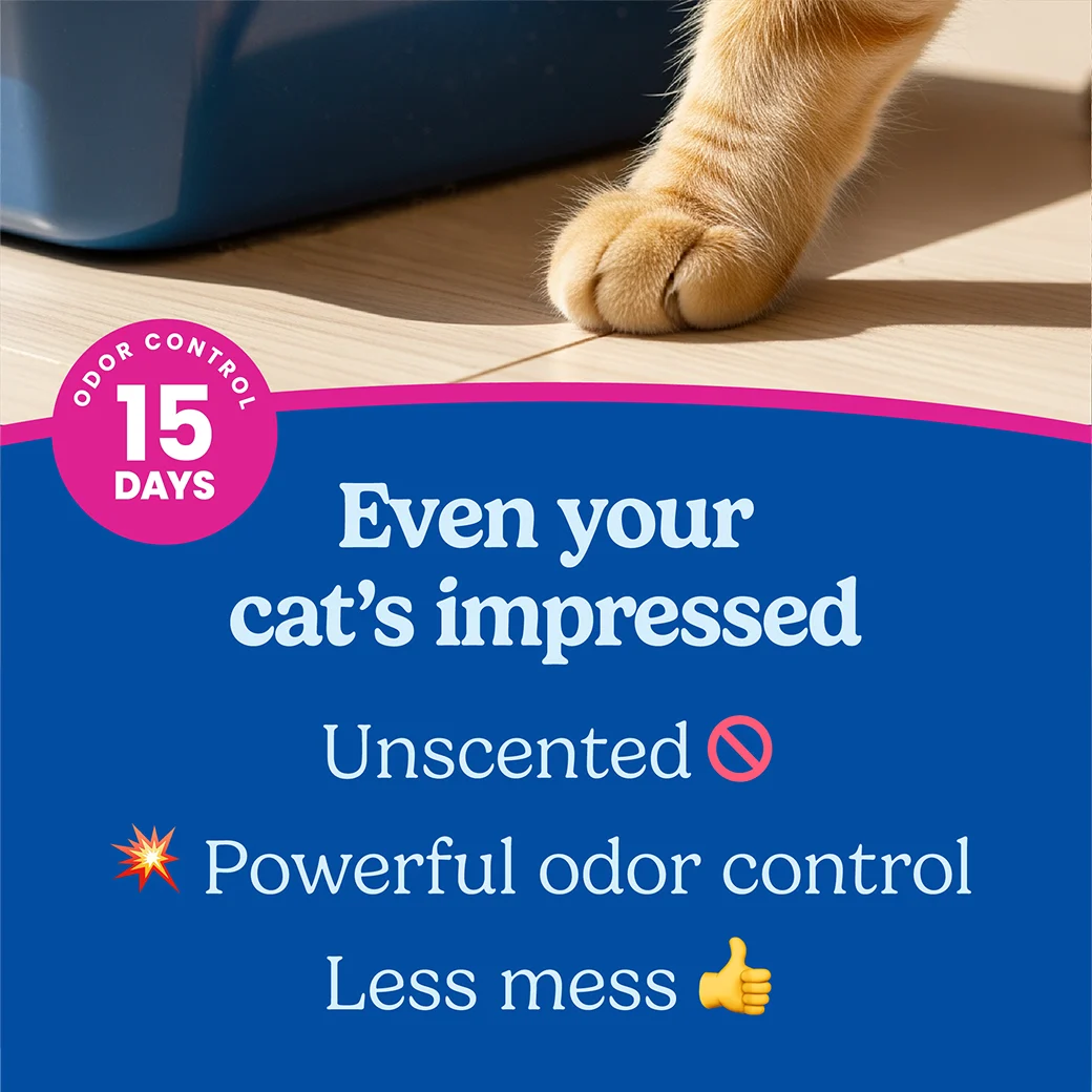 A cat's paw with the words "Even your cat's impressed" regarding the 15 day guarantee, powerful odor control and less mess
