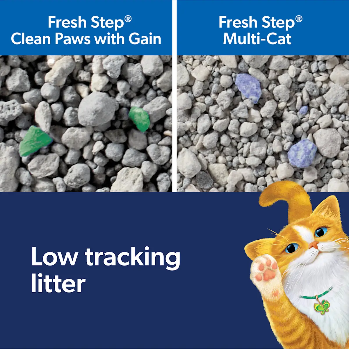 Low tracking litter, side by side comparison of Fresh Step Clean Paws vs Multi-Cat