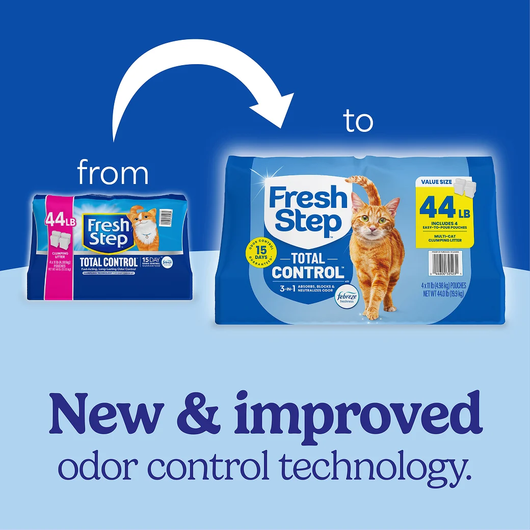 A package of Fresh Step Total Control cat litter and a new package of the same litter showing how the litter packaging has changed