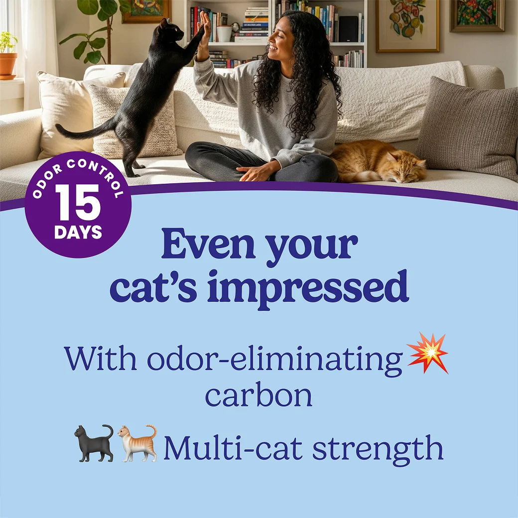 A woman playing with her cat in a a living room. The words "Even your cat's impressed" regarding the odor-eliminating carbon and multi-cat strength scent.