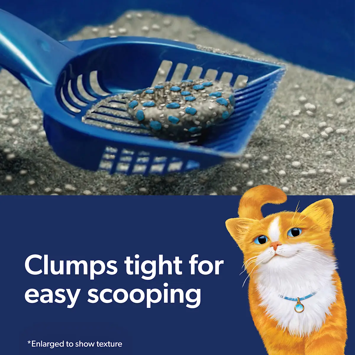 Clumps tight for easy scooping, a litter scooper and an orange cat with a bandana on
