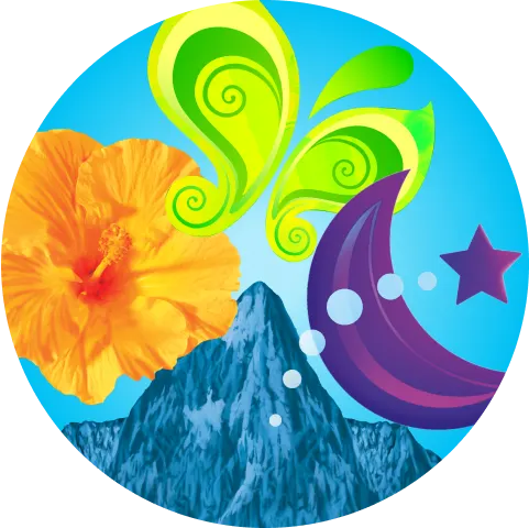 Colorful illustration of a hibiscus flower, butterfly, moon and mountain