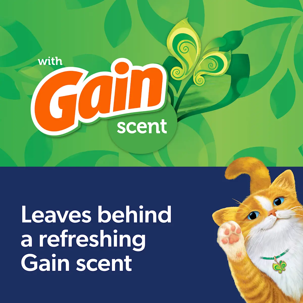 Leaves behind a refreshing Gain scent, green background with leaves and flowers, orange cat