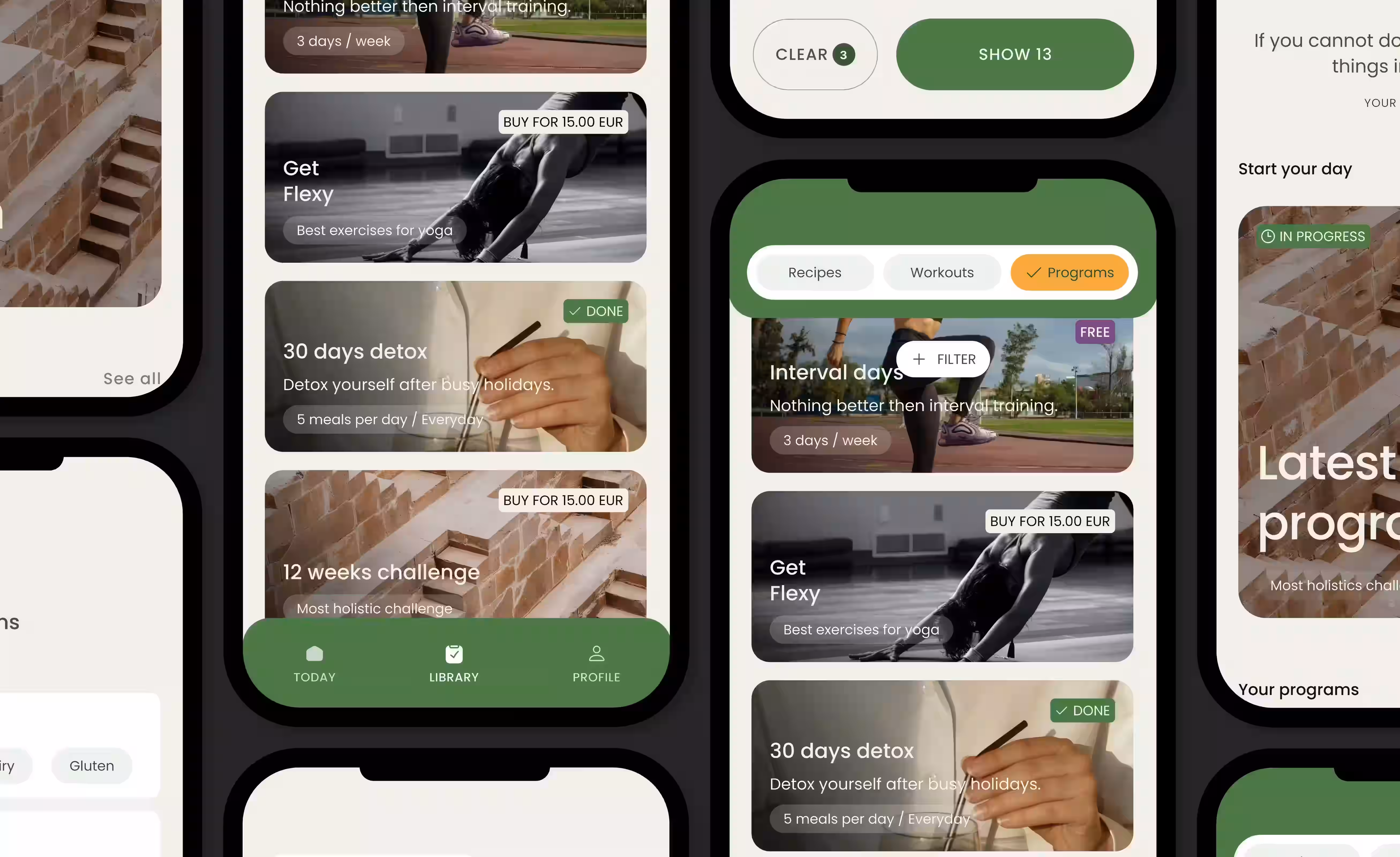 Mobile fitness app UI showing workout and nutrition programs like “Interval Days,” “Get Flexy,” and “30 Days Detox.