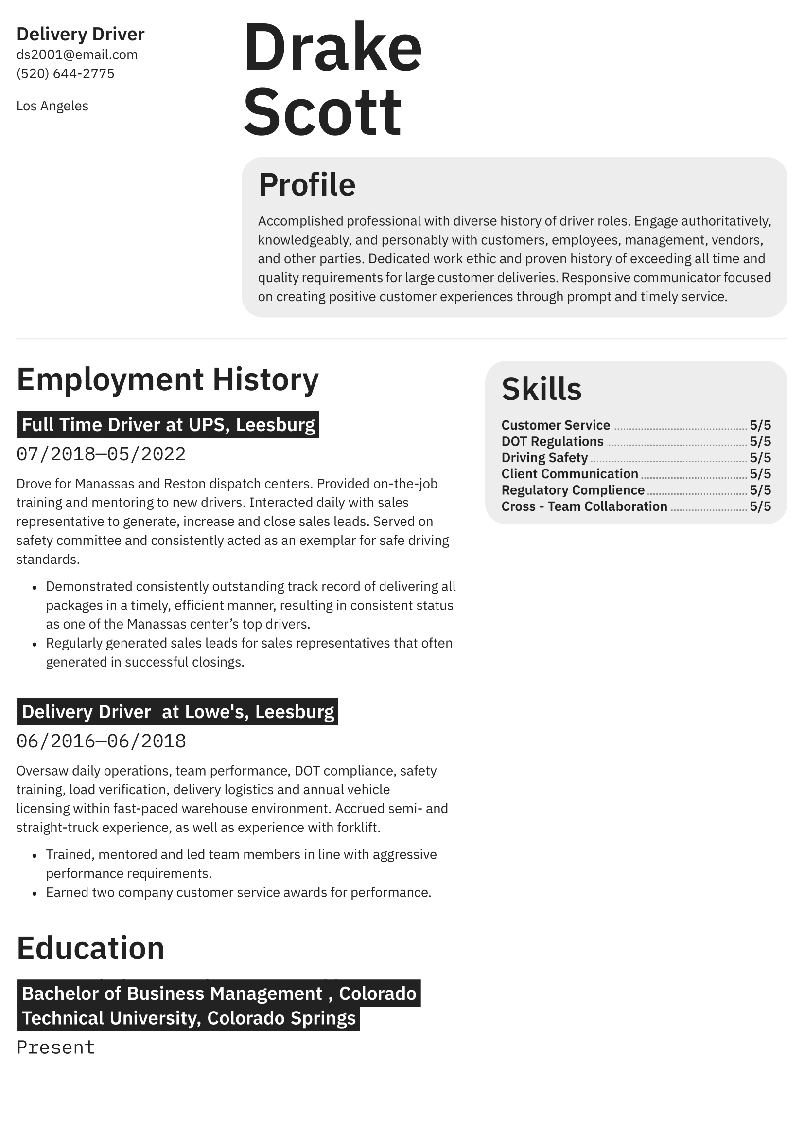 Delivery Driver Resume Example