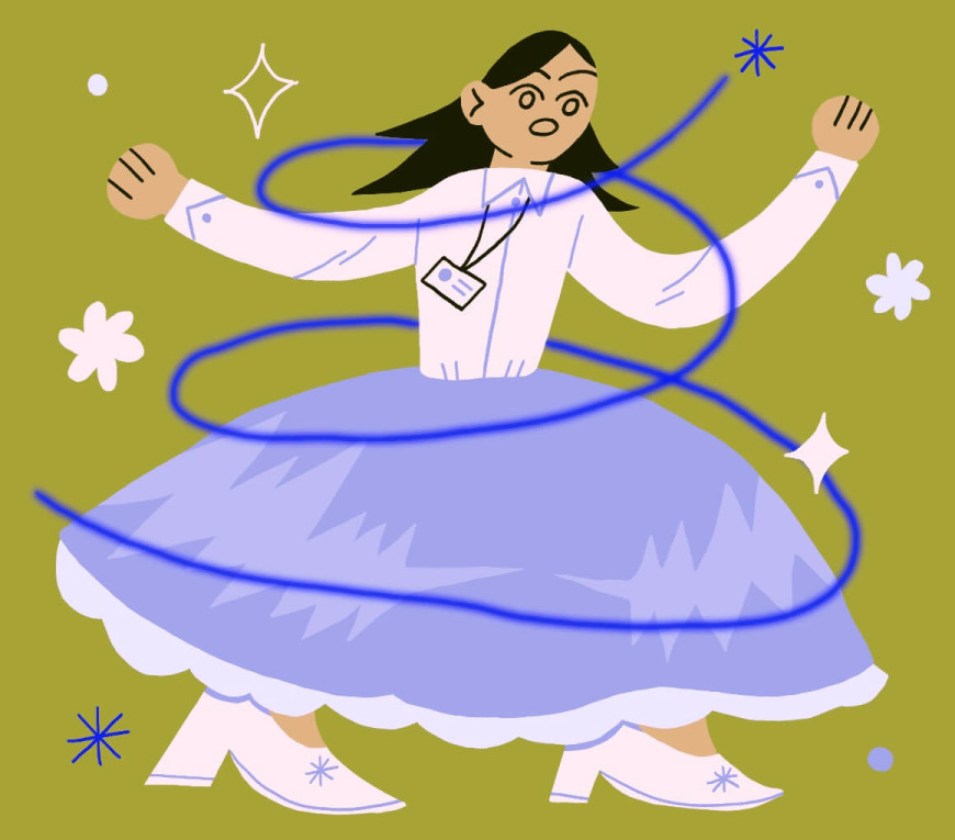 Woman with a big blue skirt dancing before a green background with flowers around her