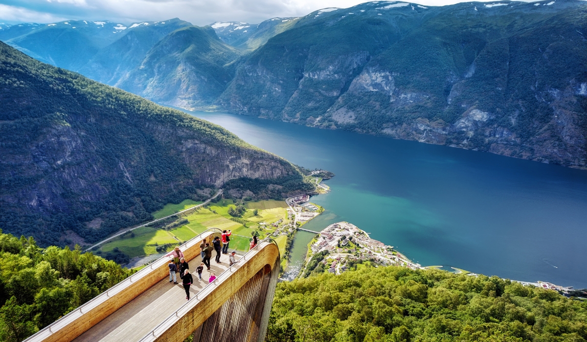 Aerial view of the Aurlandsfjord at Stegastein viewpoint in Aurland, Norway