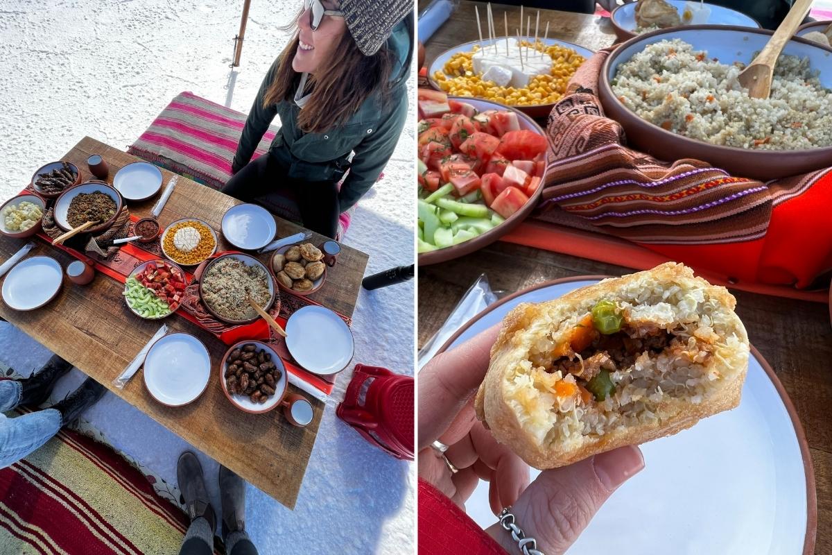 Bolivian meal and cuisine, quinoa rellena on Salar de Uyuni salt flats Bolivia