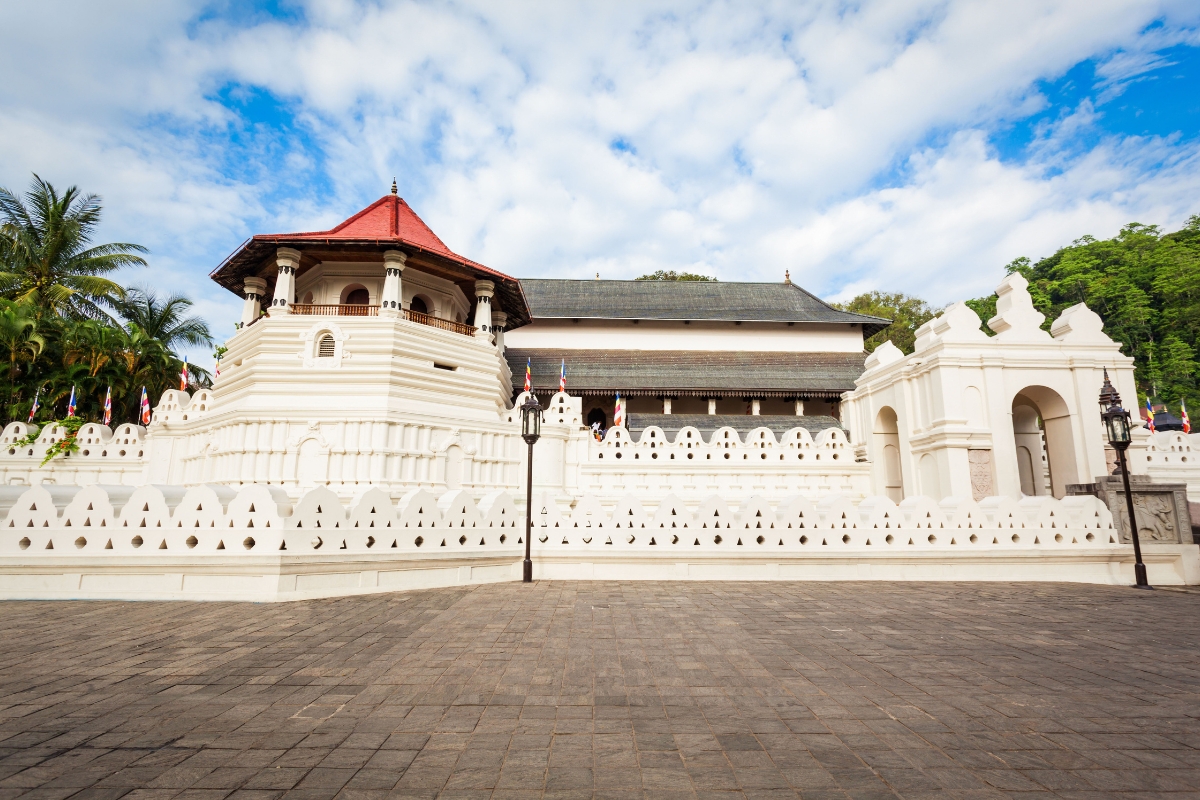 The Temple of the Sacred Tooth Relic, a Buddhist landmark in Kandy, Sri Lanka.