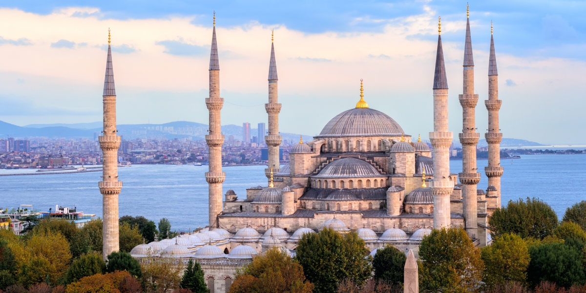 Blue Mosque, Bosporus and Kadikoy skyline and sea in Istanbul, Turkey