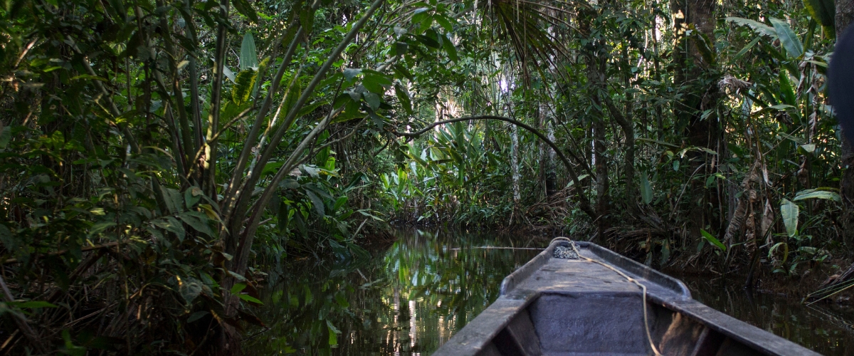 View of boat on river in Puerto Maldonado in the Amazon in Peru