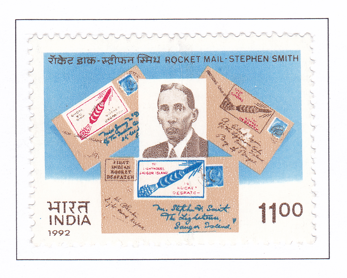 A commemorative postage stamp on ‘rocket mail’ by Stephen Smith