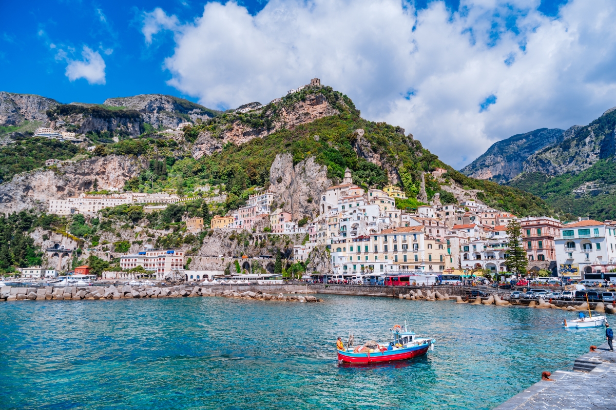 Sun-drenched cliffs and turquoise waters showcase the irresistible allure of the Amalfi Coast.