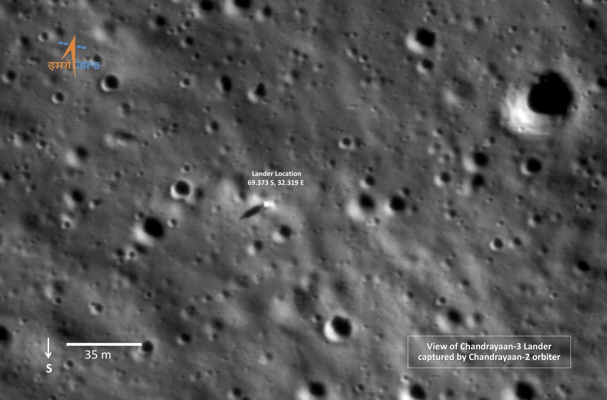Image of Chandrayaan-3 Lander captured by OHRC camera aboard Chandrayaan-2 Orbiter, ISRO