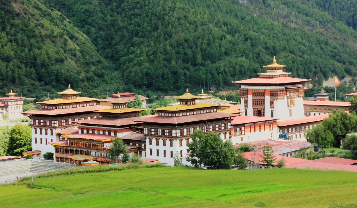 Tashichho Dzong and greenery in Thimphu, Bhutan