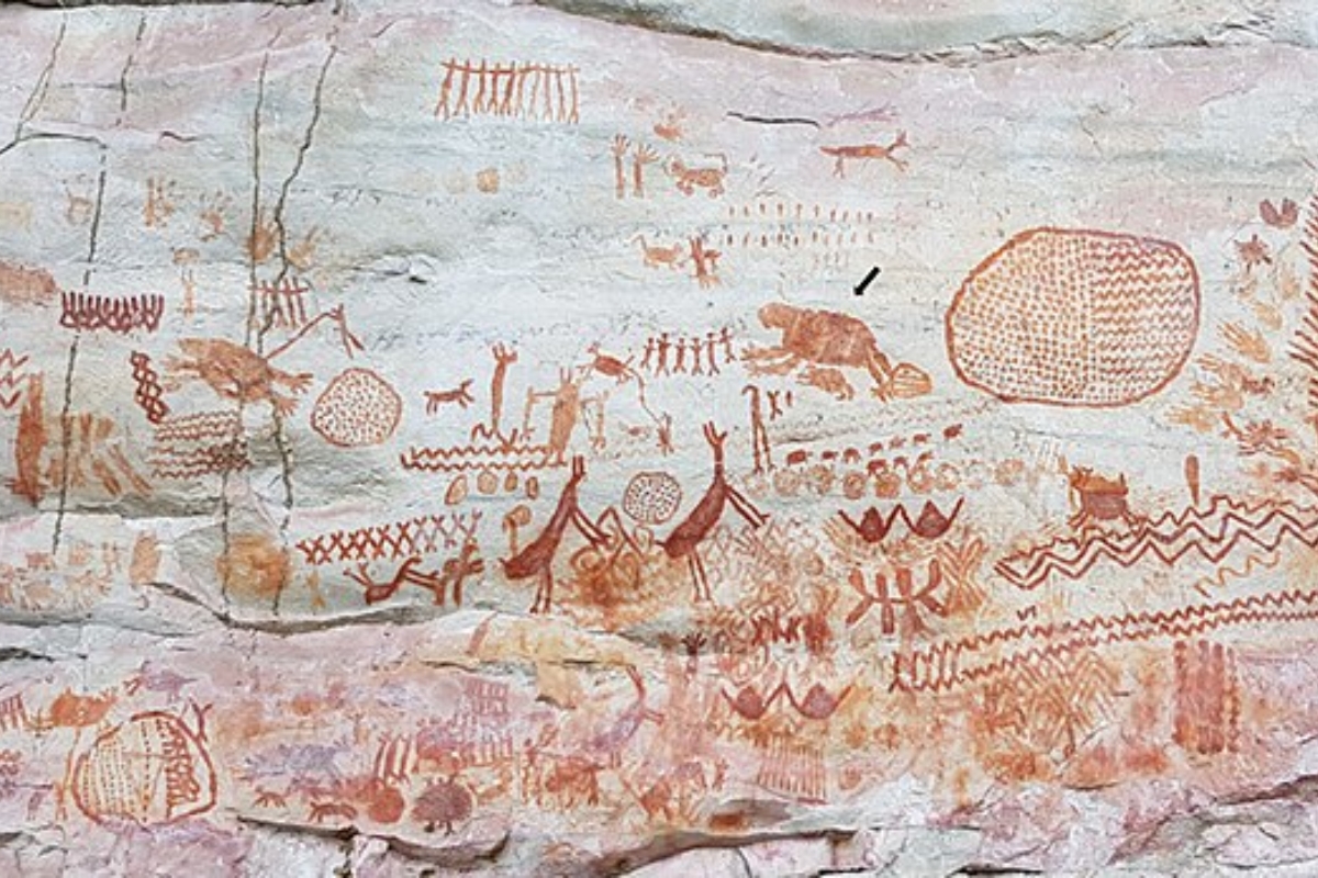 Ancient rock art at Serranía de la Lindosa in Colombia, a vivid record of Amazonian life painted by Indigenous peoples thousands of years ago. (Photo: Iriarte et al.)