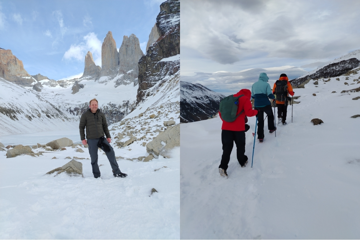 Made it to the Base of the Towers, standing beneath Torres del Paine’s iconic granite spires after an unforgettable snow-covered ascent (Photo: Nick Dall).