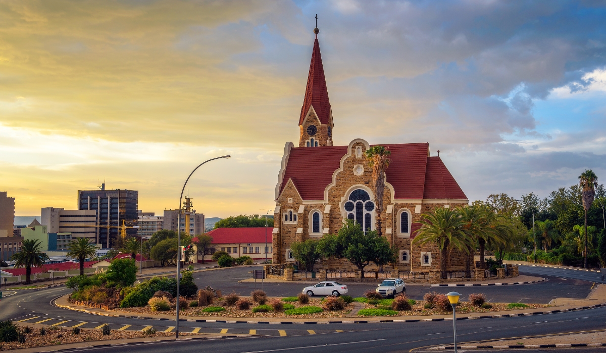 Dramatic sunset above Christ Church, Windhoek, Namibia