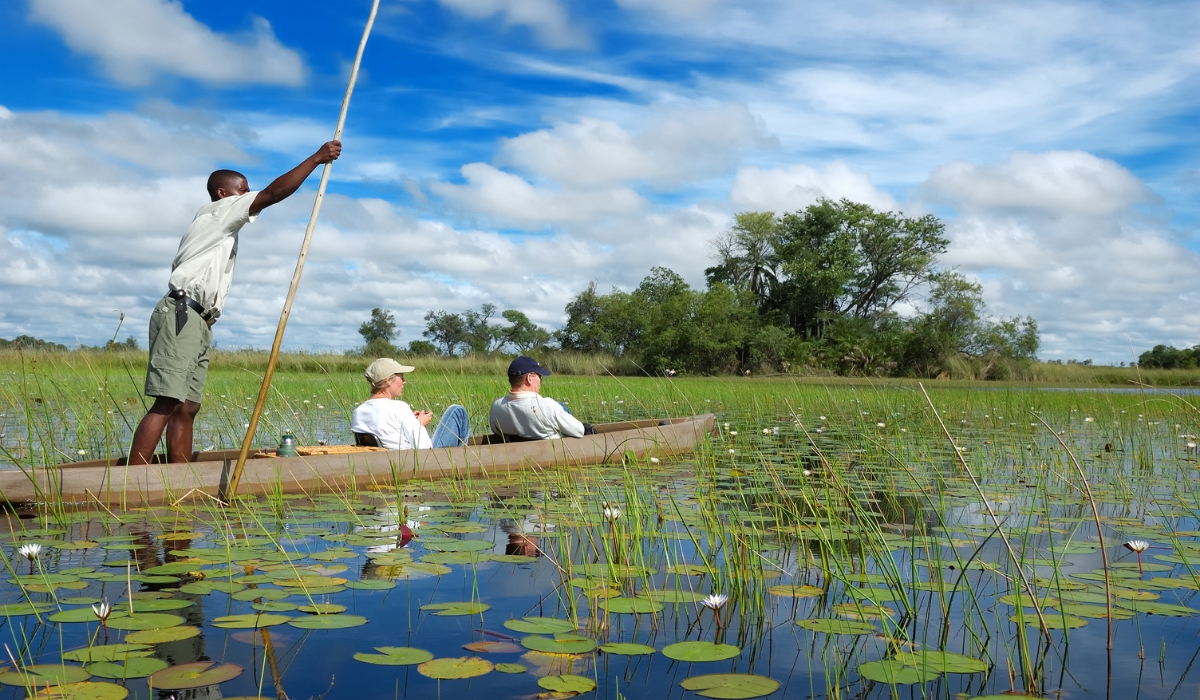 Mokoro guide and visitors at Okavango Delta, Botswana