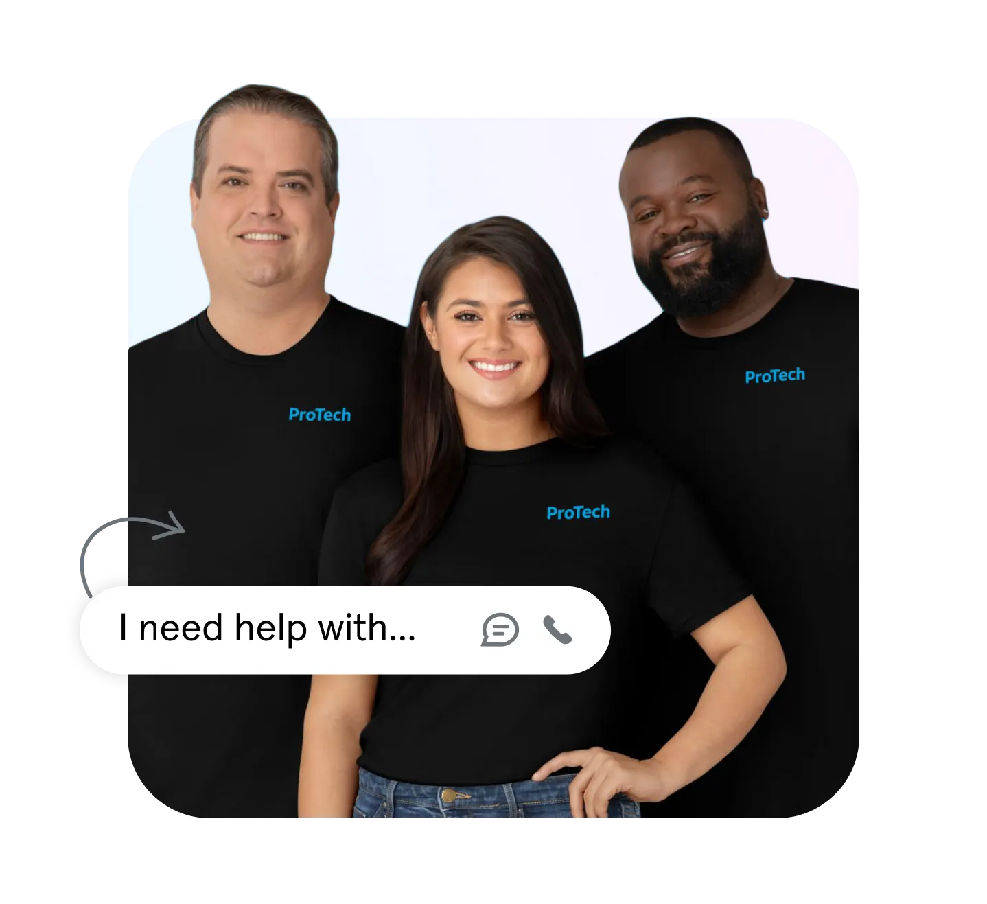 Three employees with a quote "I need help with..."