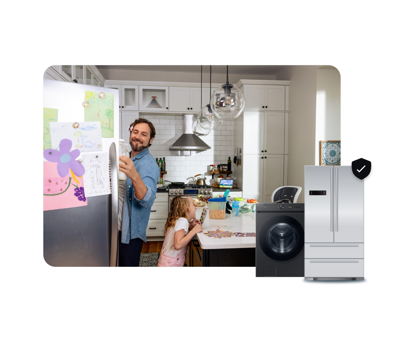 Man smiling with daughter in kitchen