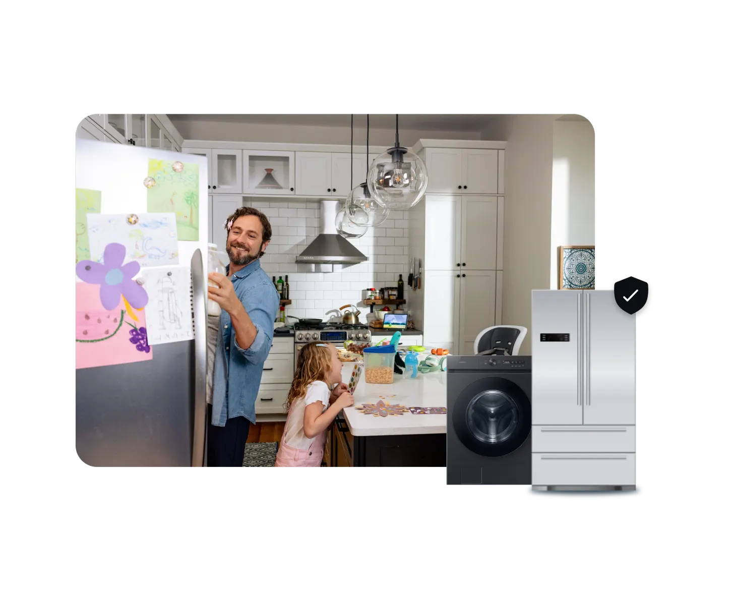 Man smiling with daughter in kitchen